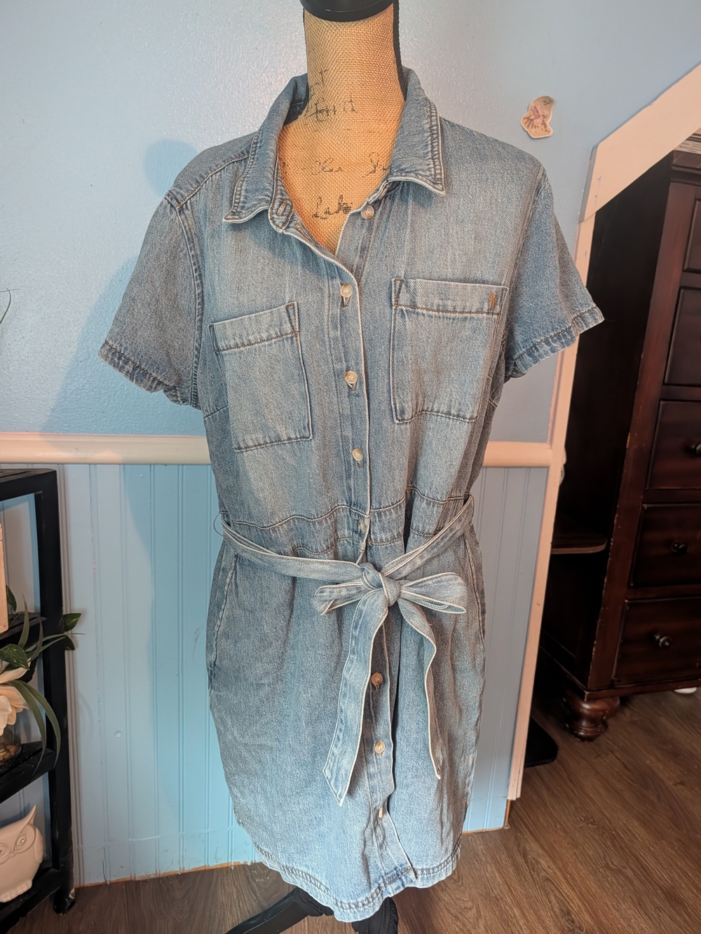 Frye Light Blue Denim Midi Shirt Dress with Tie Waist